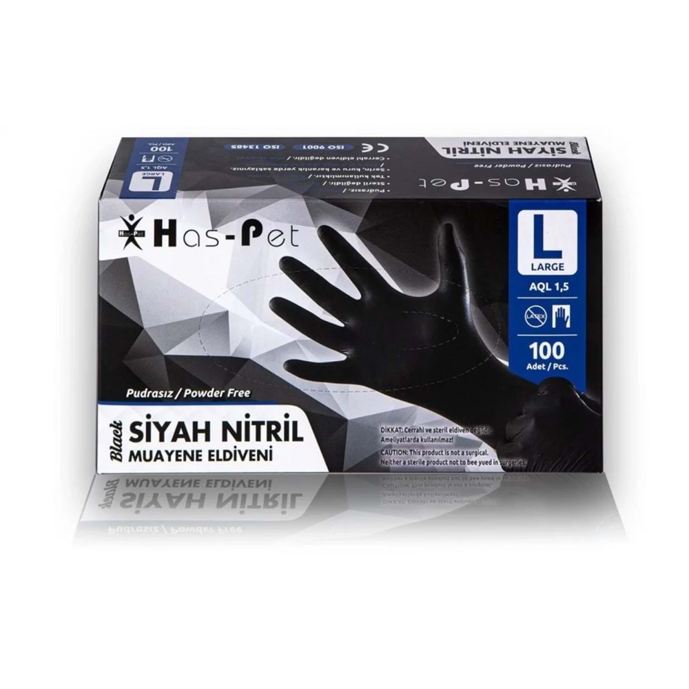 ELDİVEN HASPET SİYAH NİTRİL MUAYENE ELDİVENİ PUDRASIZ LARGE