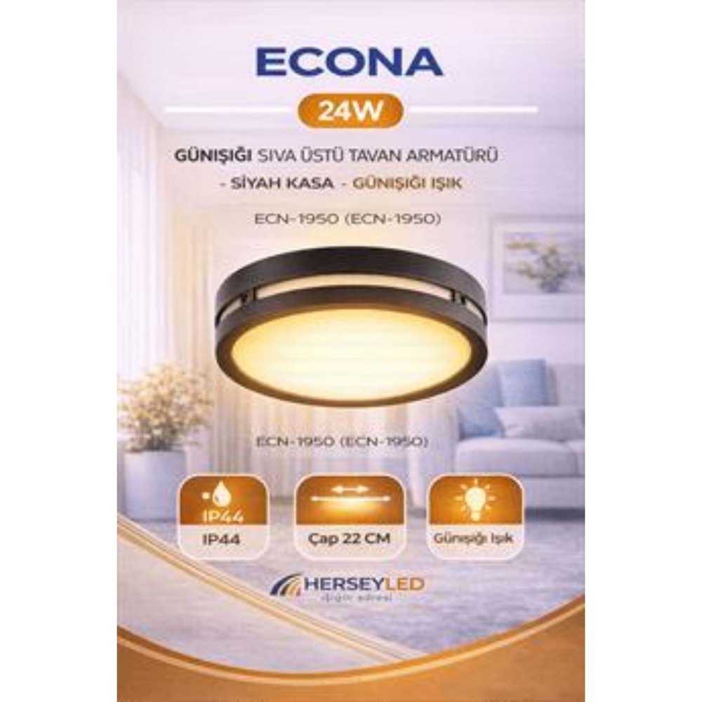 ECONA ECN-1950 24W S.Ü SİYAH KASA GÜNIŞIĞI LEDLİ TAVAN ARMATÜR