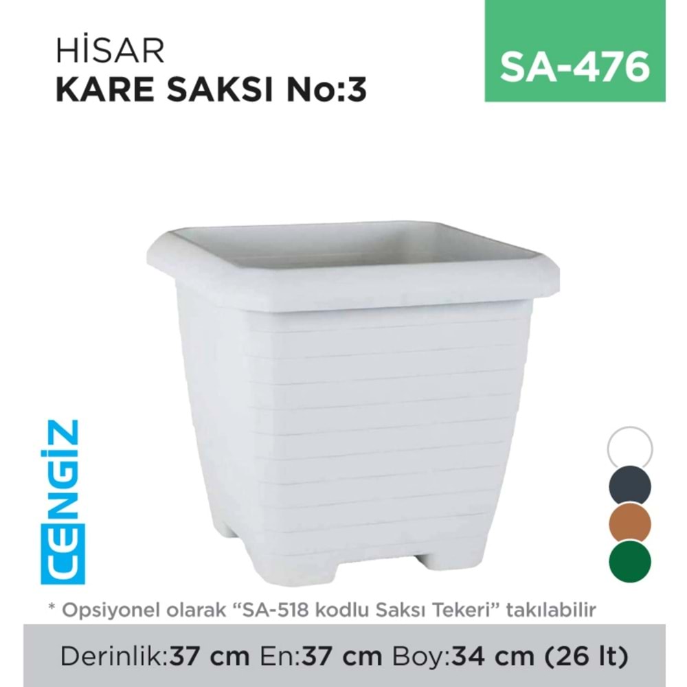 HİSAR KARE SAKSI NO:3 TABAKSIZ (26 LT)