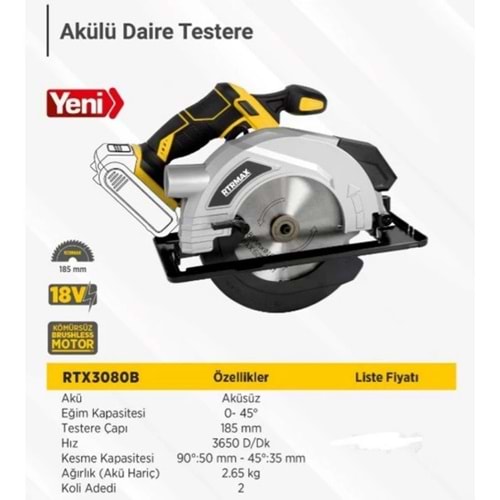 RTRMAX X-LION RTX3080B AKÜLÜ DAİRE TESTERE KÖMÜRSÜZ 185MM AKÜSÜZ