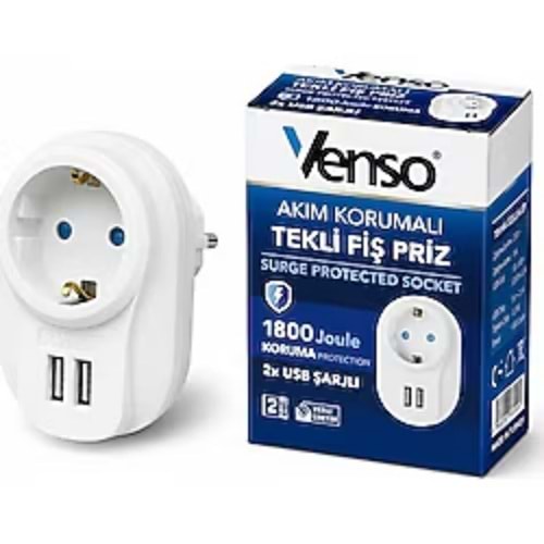 VENSO AKIM KORUMALI ÇİFT USB ŞARZLI TEKLİ PRİZ Ç.K